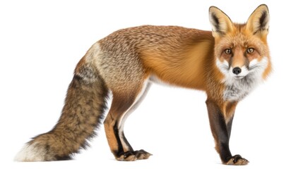 Fototapeta premium Red fox standing alertly, with a plain white background