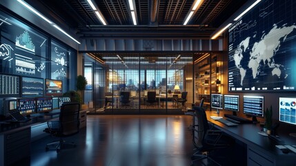 Fototapeta premium A high-tech trading workspace featuring a glass-walled office, multiple screens, and a modern design. The combination of advanced technology and sophisticated decor creates a professional environment