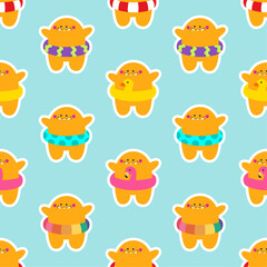 Seamless pattern with a monsters with swim ring. Colorful Children Swimming Circle. Swimming Ring. Lifebuoy. Inflatable Swim Ring .Vector illustration in flat style