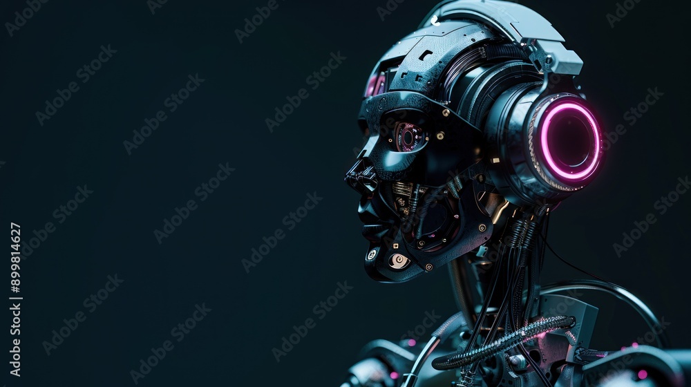 Poster robot using headphone on dark background copy space, chatting bot service or music concept
