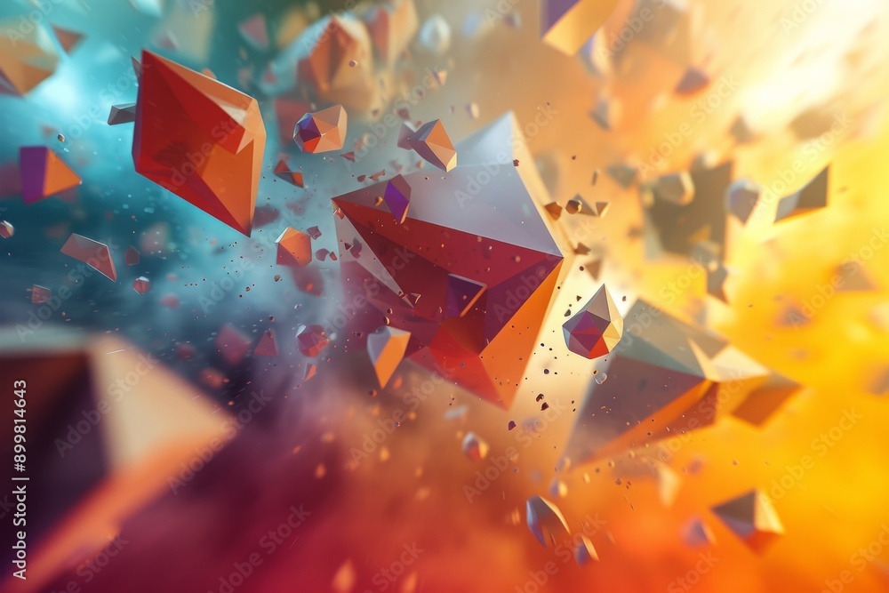 Poster a vibrant and energetic abstract composition featuring a chaotic collision of geometric solids suspe