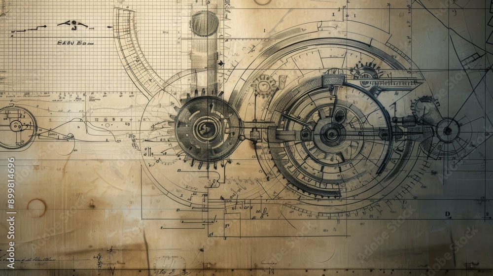 Aufkleber a vintage-style blueprint featuring the detailed layout of mechanical clock gears, showcasing the co