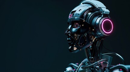 Fototapeta premium Robot using headphone on dark background copy space, chatting bot service or music concept