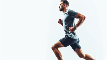 Man in athletic wear jogging, isolated on a white background