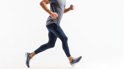 Man in athletic wear jogging, isolated on a white background