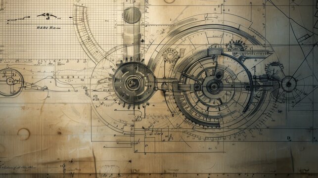 A vintage-style blueprint featuring the detailed layout of mechanical clock gears, showcasing the complexity and precision of engineering in horology. The aged paper background adds a historical touch