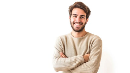 Fototapeta premium Happy male student standing confidently with his arms crossed, isolated on a white background