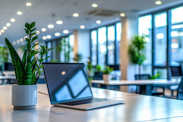 Ecran blanc d'ordinateur portable dans un espace de bureaux avec baie vitrée