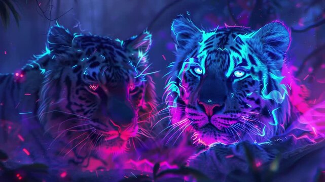 Mythical animals in synthwave style with neon features and glowing auras. Seamless Loop Animation