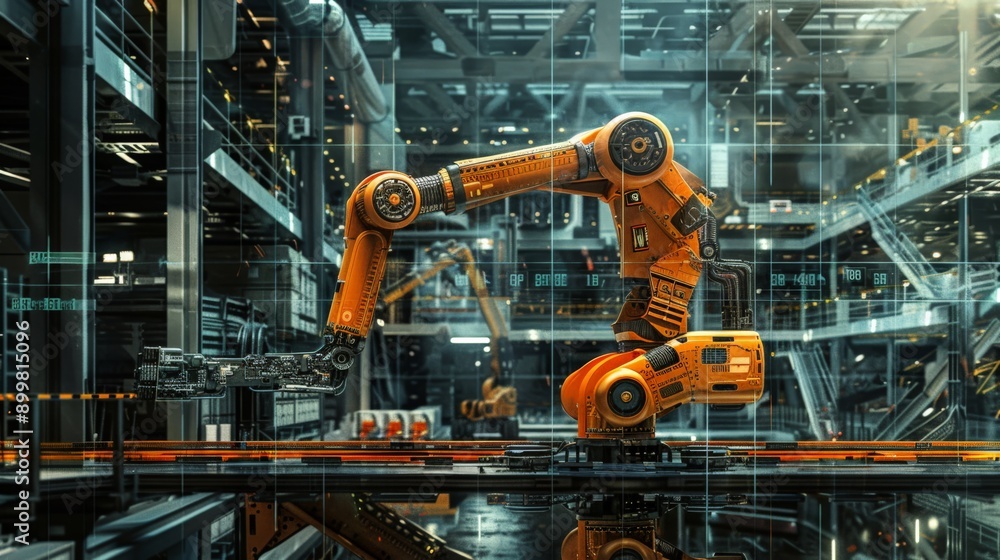 Poster industrial robotic arm assembling electronic components in a factory. advanced manufacturing technol