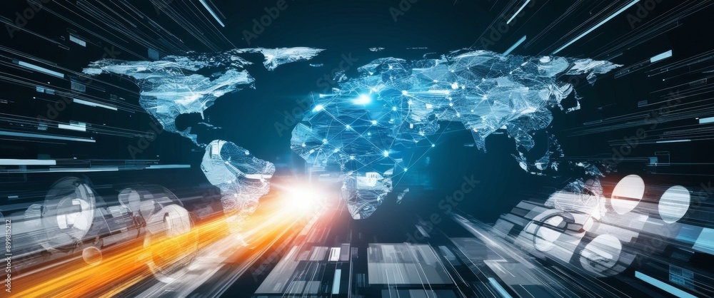 Poster abstract technology background of high-speed global data transfer, ultra-fast broadband, and digital
