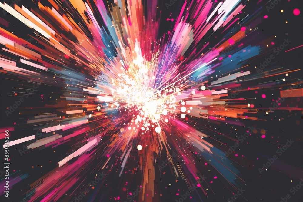 Poster a dazzling display of colorful, pixelated fireworks erupts from a central point, radiating outward i