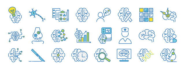 Neurology related icon set in blue, yellow, green. Neuron, axon, dendrite, synapse, headache, eeg, brain biochemistry, cancer, psychometric tests, Blocks vector illustration. Editable Strokes
