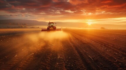 Fototapeta premium A tractor plows a field at sunset, creating dust and leaving long furrows in the soil. The sun glows orange and red behind the tractor.