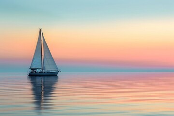 A sailboat gracefully sails through the vast ocean as the sun sets, creating a mesmerizing scene, Lone sailboat drifting in calm ocean at dawn, AI Generated
