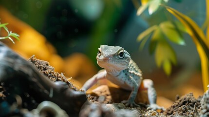A close-up shot of a curious lizard in its terrarium, surrounded by natural elements like soil, plants, and rocks. The detailed textures and vibrant environment highlight the lizard's inquisitive