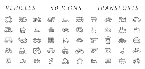 Travel and Transport line icon set. Containing car, bike, plane, train, bicycle, motorbike, bus and scooter icons. Transportation Simple line icon collections