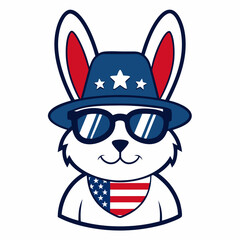 American Cute Little Bunny in Patriotic Hat and Sunglasses Vector Line Art