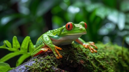 Naklejka premium A bright green frog with striking red eyes sits on a moss-covered log in a lush rainforest setting. The vibrant green foliage enhances the frog's vivid coloration, making it an eye-catching subject