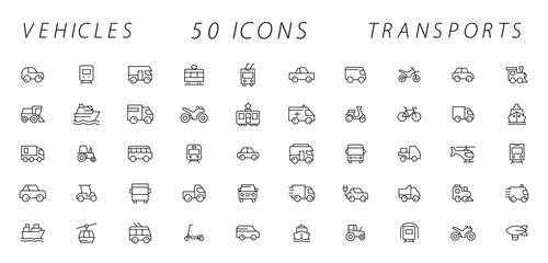 Travel and Transport line icon set. Containing car, bike, plane, train, bicycle, motorbike, bus and scooter icons. Transportation Simple line icon collections