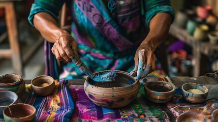 A skilled artisan creating handmade pottery or textiles, surrounded by their tools and colorful materials in a traditional workshop setting 