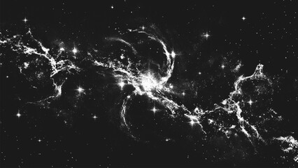 Deep space scene background in stippling style with amazing huge nebula and glowing stars cluster in universe. Retro styled dotwork. Pointillism. Noisy grainy shading using dots. Vector illustration