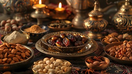Fototapeta premium A vibrant spread for a cultural celebration featuring traditional snacks and ornate bowls