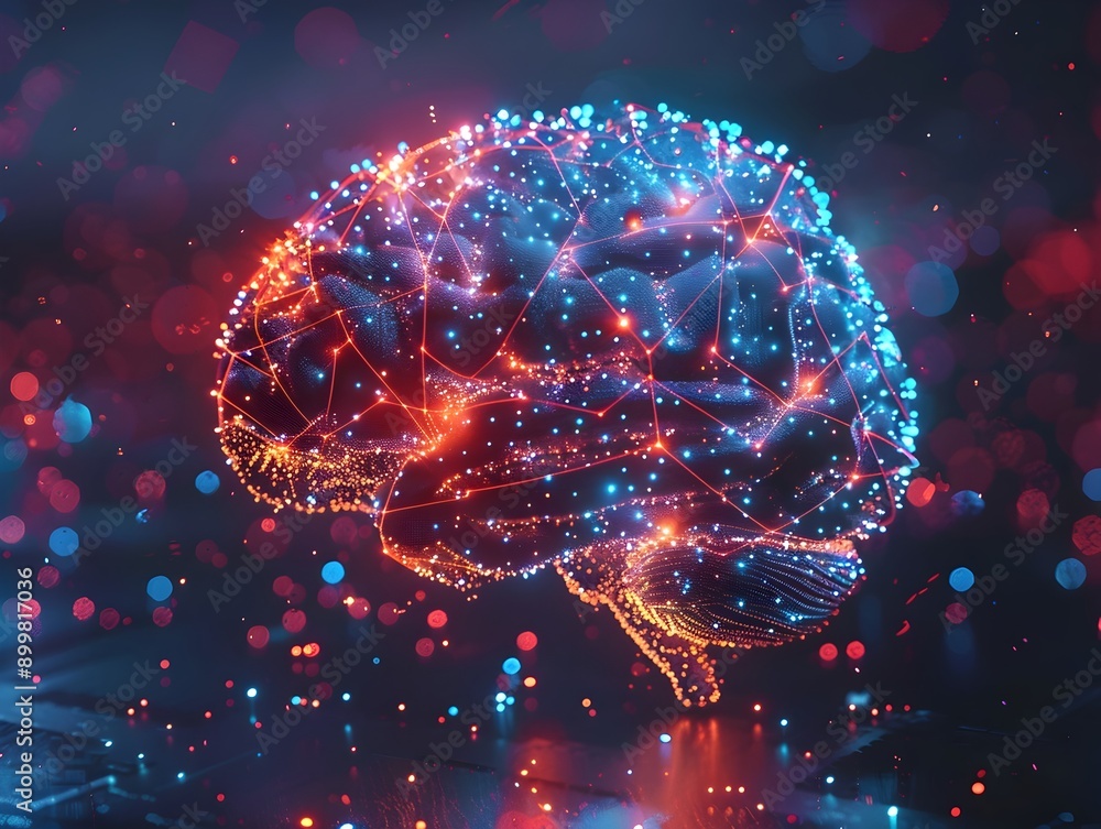 Poster illuminated brain symbolizing and machine learning technology concept
