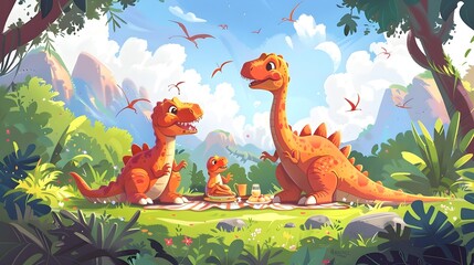 Cheerful Dinosaur Family Enjoying a Picturesque Prehistoric Picnic Landscape