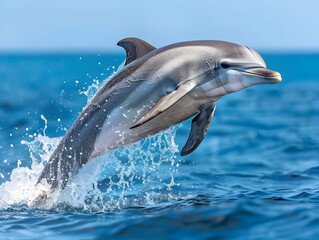 Fototapeta premium Playful Dolphin Leaping Out of the Ocean with Splashing Water and Clear Blue Sky