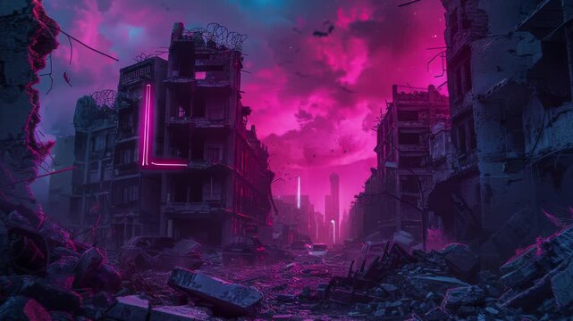 Post-apocalyptic scenes in synthwave style with neon-lit ruins and a dark sky. Seamless Loop Animation
