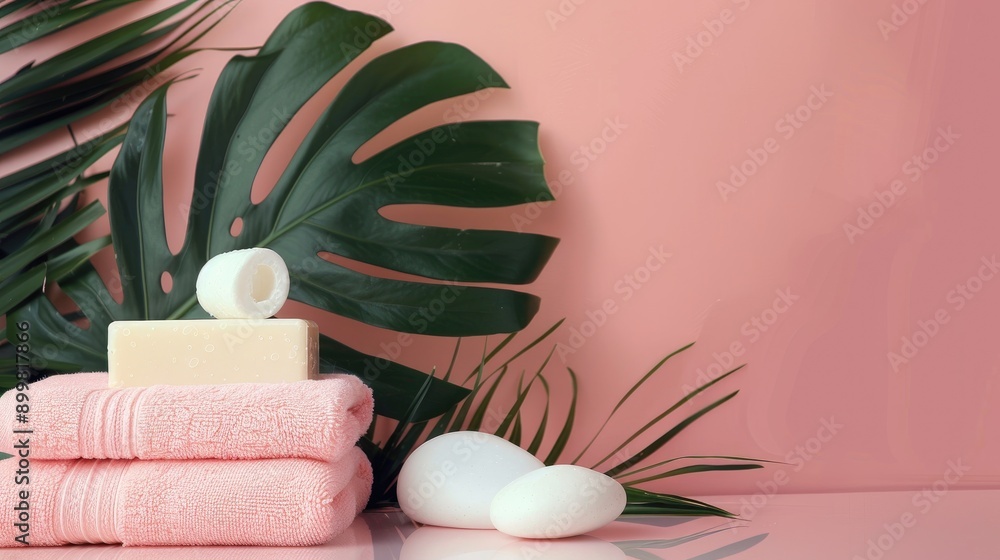 Sticker Spa theme soap towel tropical leaf pink backdrop