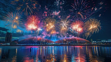 Fototapeta premium Fireworks Display Over Cityscape