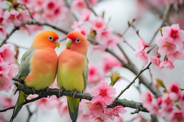 Two birds sitting on top of a tree branch, engaged in their natural behavior, Lovebirds perched on a cherry blossom tree, AI Generated