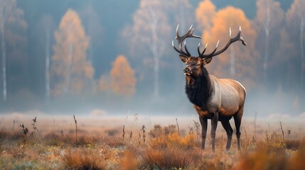 Magnificent Elk Stands Tall in Misty Autumn Meadow Landscape