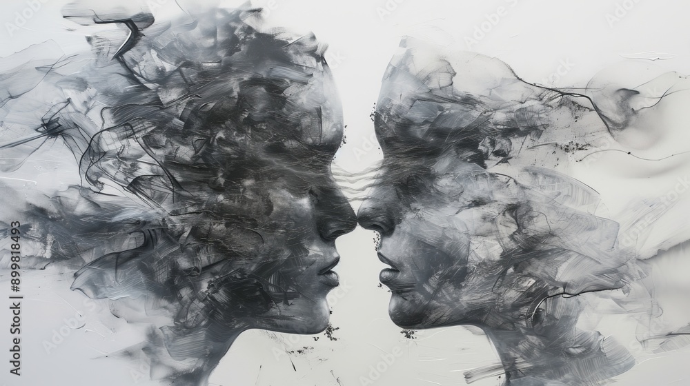 Poster a captivating double exposure portrait featuring two female faces emerging from a smoky, ethereal ba