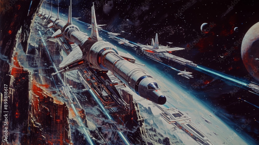 Poster a detailed illustration of a massive futuristic space station orbiting a distant planet. the scene c