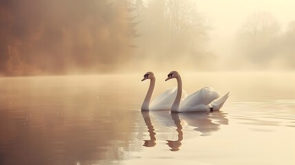 Obraz premium Graceful Swans Gliding Across Tranquil Lake Harmony and Beauty in Nature