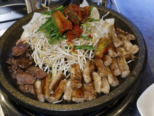 Korean food. Grilled Gopchang beef intestines. Korean Street Food.