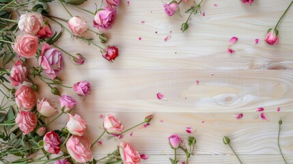 Top view of flowers arranged on light wooden surface with space for text