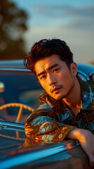 Golden Hour Glamour:  A handsome young man with a chiseled jawline and a captivating gaze leans against a classic car, bathed in the warm glow of the setting sun. His stylish floral shirt
