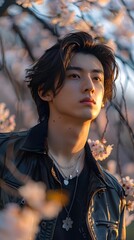 Golden Hour Bloom: A young man with tousled hair and a leather jacket stands amidst a breathtaking sunset and blooming cherry blossoms, emanating a sense of serenity and charm. 