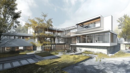 A stunning modern architectural complex with sleek glass facades, surrounded by greenery. The design showcases a harmonious blend of indoor and outdoor spaces, creating a welcoming and innovative