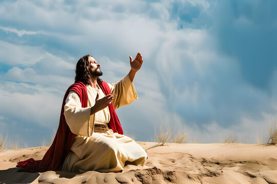 Saint man praying to God in desert, asking salvation, faith in better life