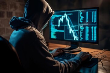 Hooded hacker steals cryptocurrency in a dark room, typing on a computer with a graph and data on the screen