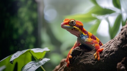 Naklejka premium A vibrant gecko with striking orange and red hues sits attentively on a tree branch surrounded by dense green foliage. Its textured skin and vivid colors make it a perfect subject for nature and