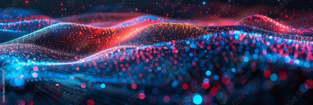 Canvas Prints A digital wave with glowing particles, symbolizing technology, innovation, data, connection, and the future.