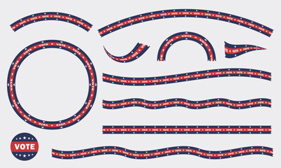 Set of various patriotic ribbons and elements with text VOTE 2024 and stars in a pattern for 2024 U.S. Presidential Election. Tapes, lines, stripes in colors of American flag. Vector decoration © Qeeraw