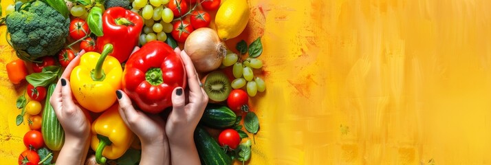 Obraz premium Hands holding fresh vegetables on a yellow background. Perfect for promoting healthy diets and vegetarian lifestyles.