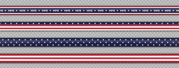 Set of seamless bright realistic ribbons with stripes, stars and text VOTE (2024 U.S. Presidential Election). Endless 3d barricade tapes in colors of American flag isolated on transparent background